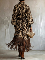 Leopard Print Fringed Hem Zip-up Midi Dress
