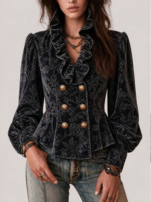 Vintage-style Elegant Floral Velvet Top With A Ruffled Collar And Ruffled Hem.