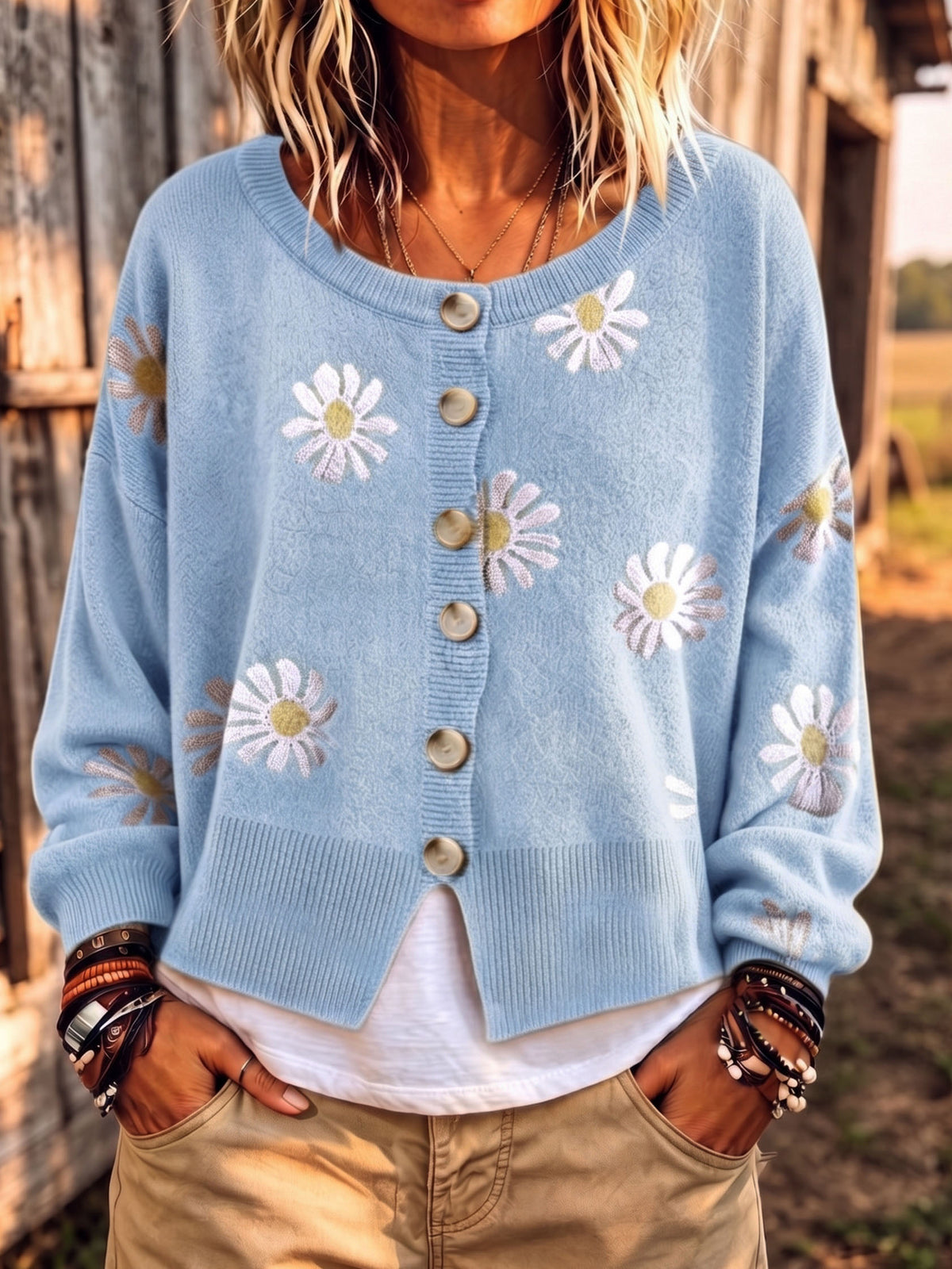 Daisy Pattern Button-up Cardigan Sweater