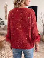 Women's Casual Loose-fit Knit Top With Faux Mink Fur Panel Crew Neck, And 3/4 Sleeves