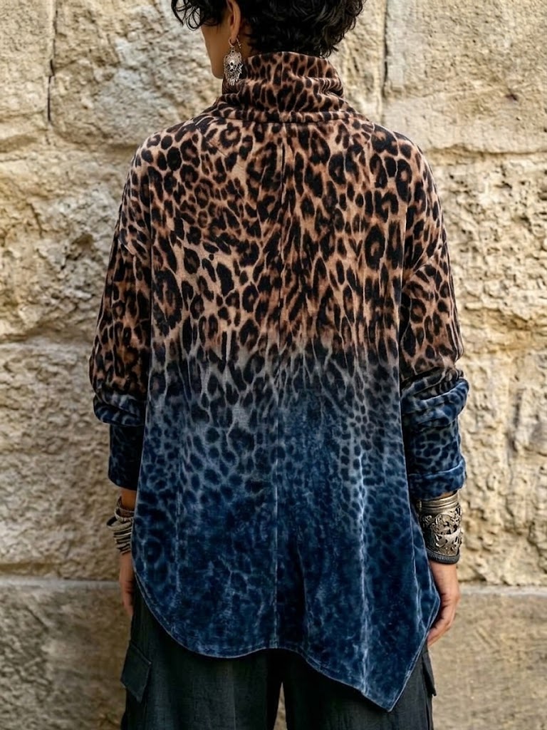 Top de terciopelo con cuello alto, estampado de leopardo degradado y diseño asimétrico con botones en la parte delantera