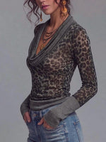 Women's Long-sleeve Loose-fit Knit Top With Cowl Neck And Leopard Print Panel Detail