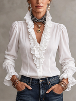 Elegante top in misto cotone con volant e volant