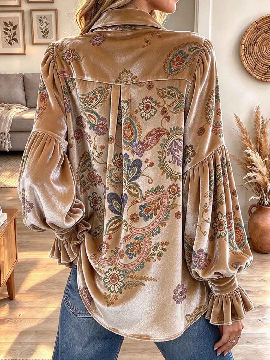 Camisa bohemia de terciopelo floral con botones y mangas con volantes para mujer