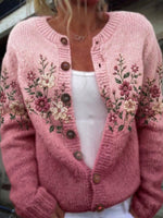 Gradient Floral Crew-neck Button-front Knit Cardigan