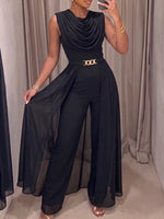 Schicker, schwarzer, drapierter, mehrlagiger Chiffon-Jumpsuit