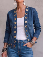 Women's Cardigan Collar Long Sleeve Casual Loose Round Metal Hollow Out Denim Cardigan