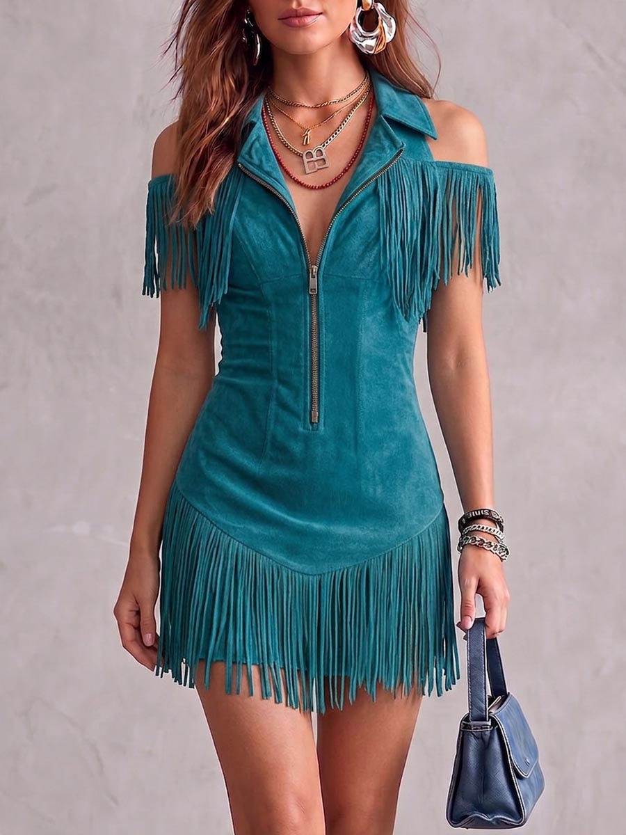 Women's Solid Color Collar Hollow-out Short Sleeve Casual Loose Tassel Dress