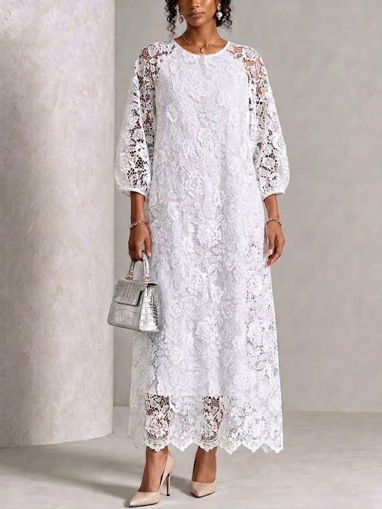 Round‑neck Raglan Lantern‑sleeve Lace Maxi Dress