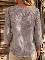 Women's Retro-style Printed Crew Neck 3/4 Sleeve Casual Loose Cotton Linen Top