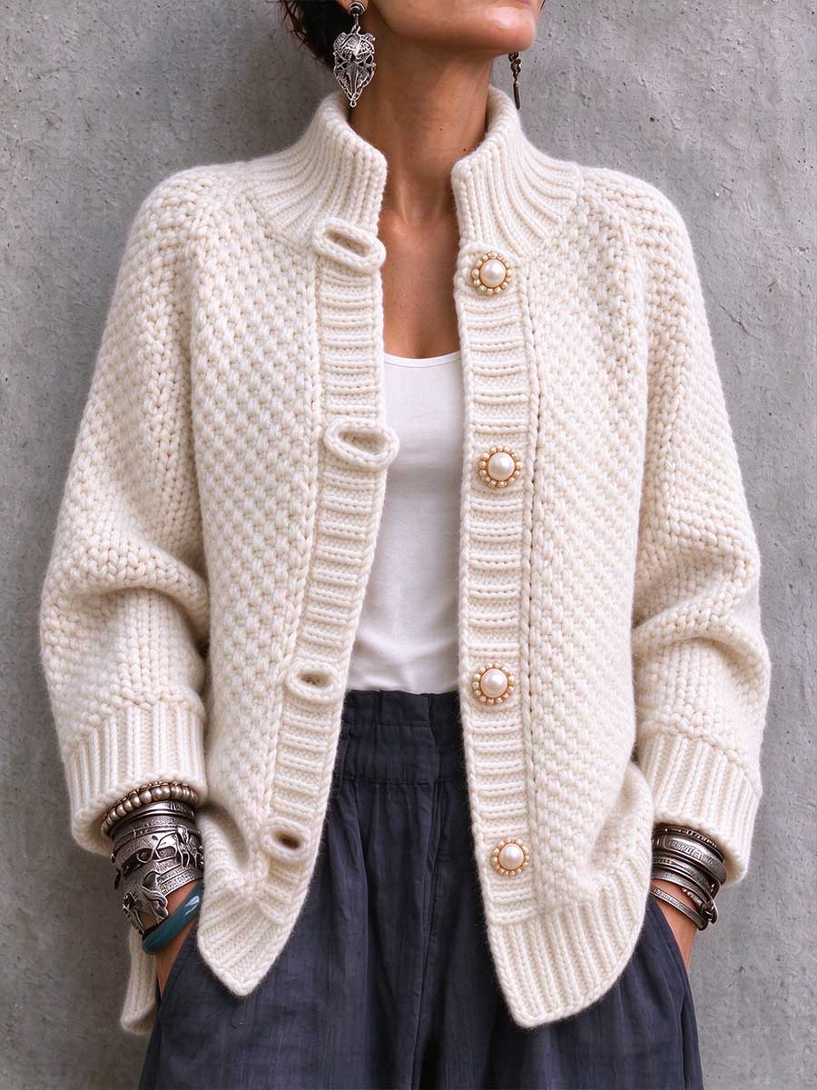 Women's Chunky Knit Pearl Button Cardigan Sweater