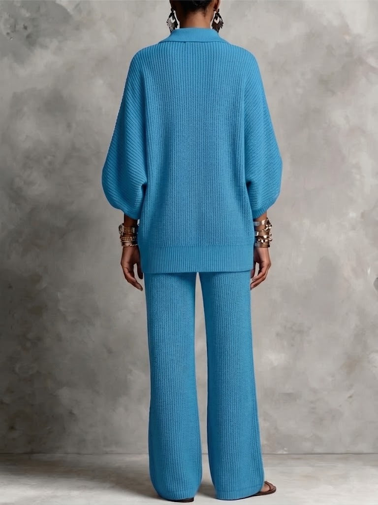 Cozy And Casual Ribbed Knit Two-piece Set With A Lapel Collar And Gold-tone Buttons.