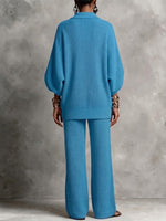 Cozy And Casual Ribbed Knit Two-piece Set With A Lapel Collar And Gold-tone Buttons.