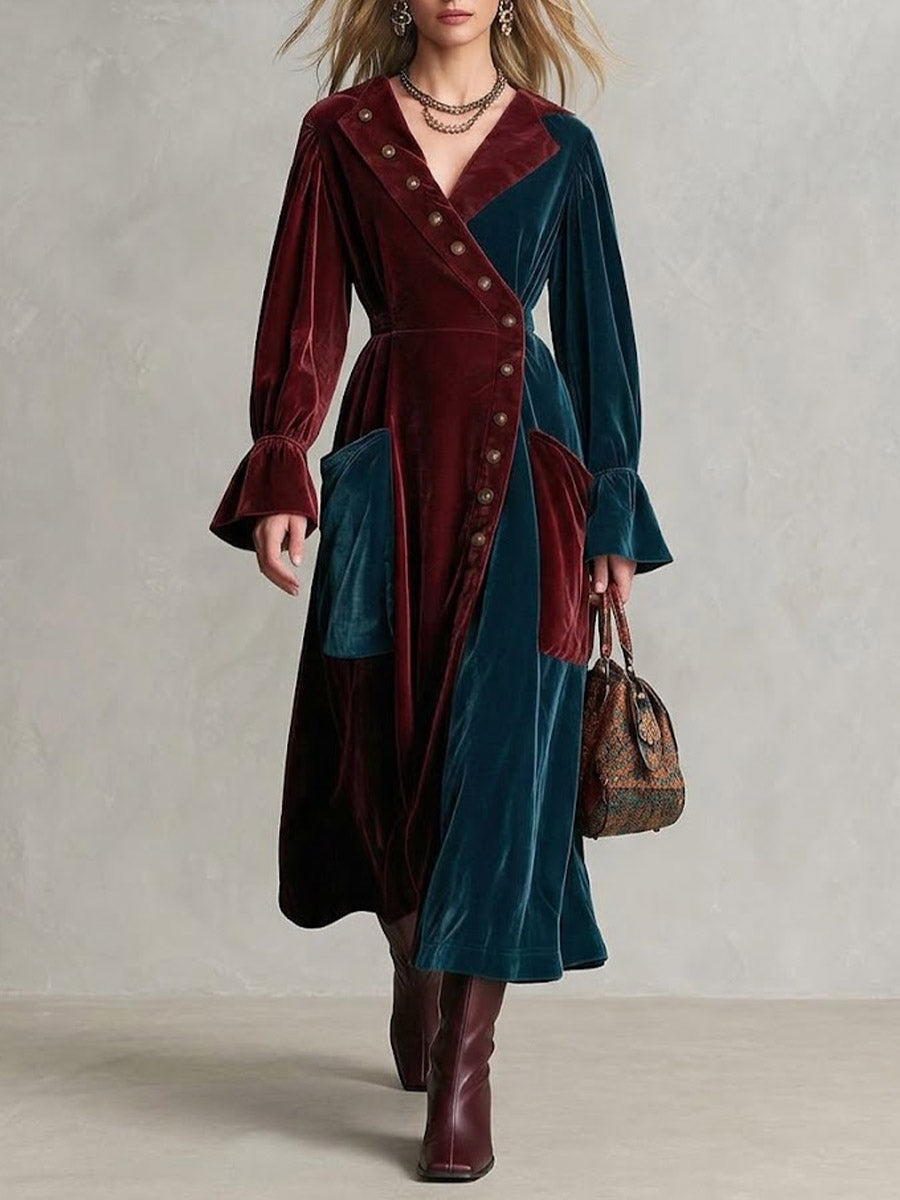 Two-tone Vintage Velvet Button-down Midi Coat Dress