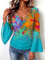 Boho-style Stretchy Casual Shirt Featuring Color-block Polka Dots, A Gradient Effect, And Bell Sleeves