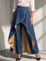 Women's High-waisted Denim Wrap-style Asymmetric High-low Satin-lined Skort With Contrast Lining