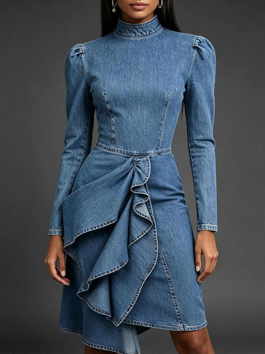 Elegante vestido midi vaquero de manga larga con volantes en cascada