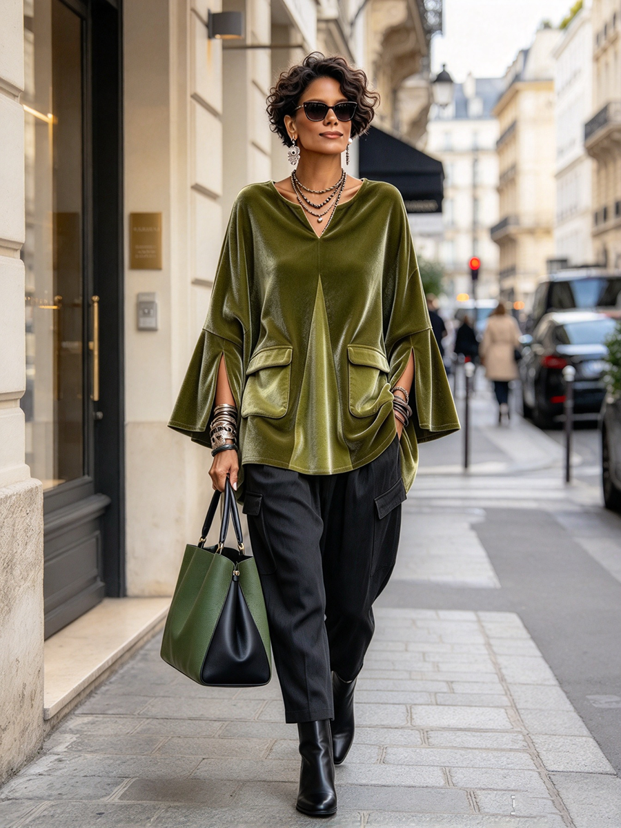 Elegante top tunica in velluto verde oliva con scollo a V