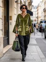 Elegante top tunica in velluto verde oliva con scollo a V