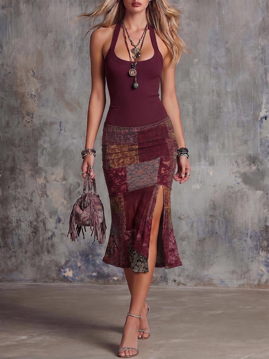 Women's Round Neck Sleeveless Camisole Dress With Knitted Patchwork Retro Print