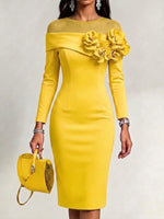 Solid-color, Slim-fit Dress With A Round Neck And 3d Floral Embellishment On The Side