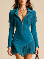 Minivestido estilo western con flecos y cremallera de ante sintético