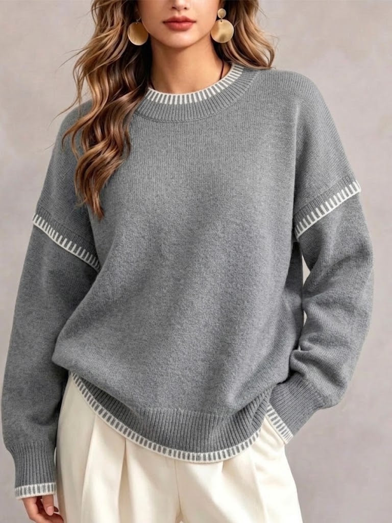 Contrast Stitching Crew Neck Drop‑shoulder Oversized Knit Sweater
