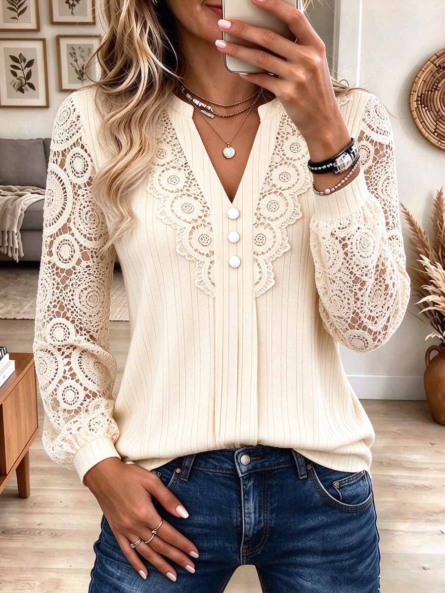 Top da donna in maglia a coste con scollo a V e maniche in pizzo all'uncinetto