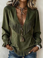Women's Solid Color V-neck Long-sleeve Loose Casual Tassel Top