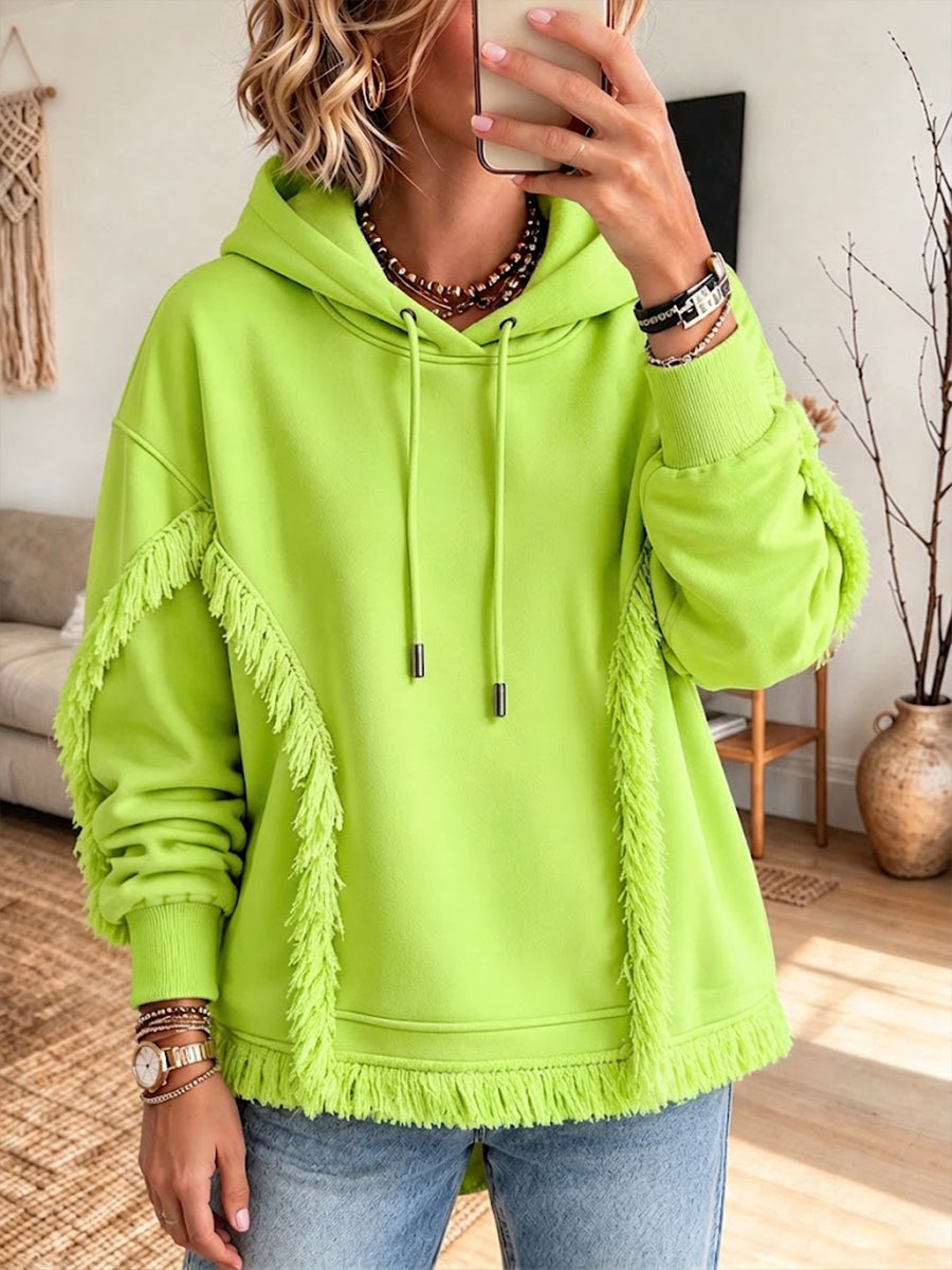 Oversized, lässiger, neongrüner Kapuzenpullover mit Fransen