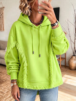 Oversized, lässiger, neongrüner Kapuzenpullover mit Fransen