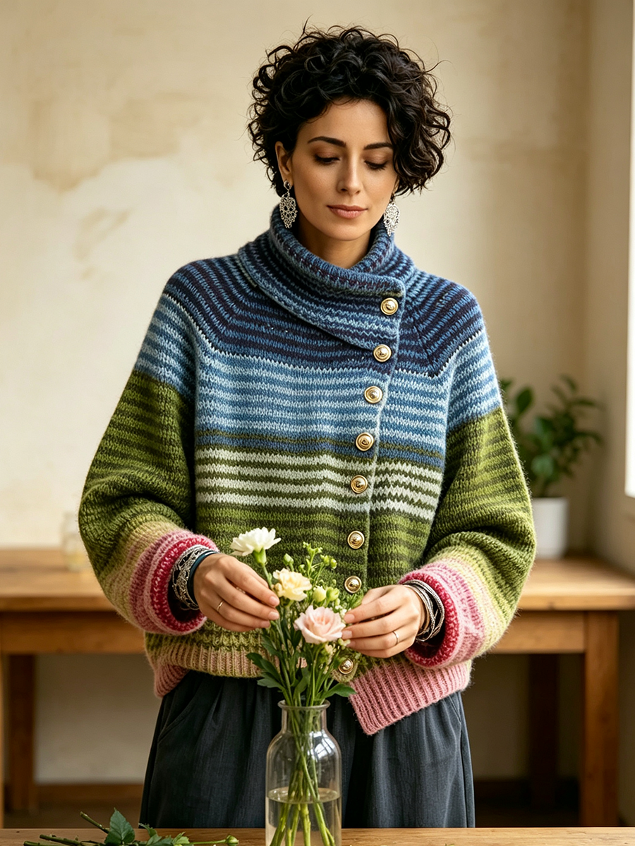Accogliente maglione lavorato a maglia a collo alto a righe sfumate