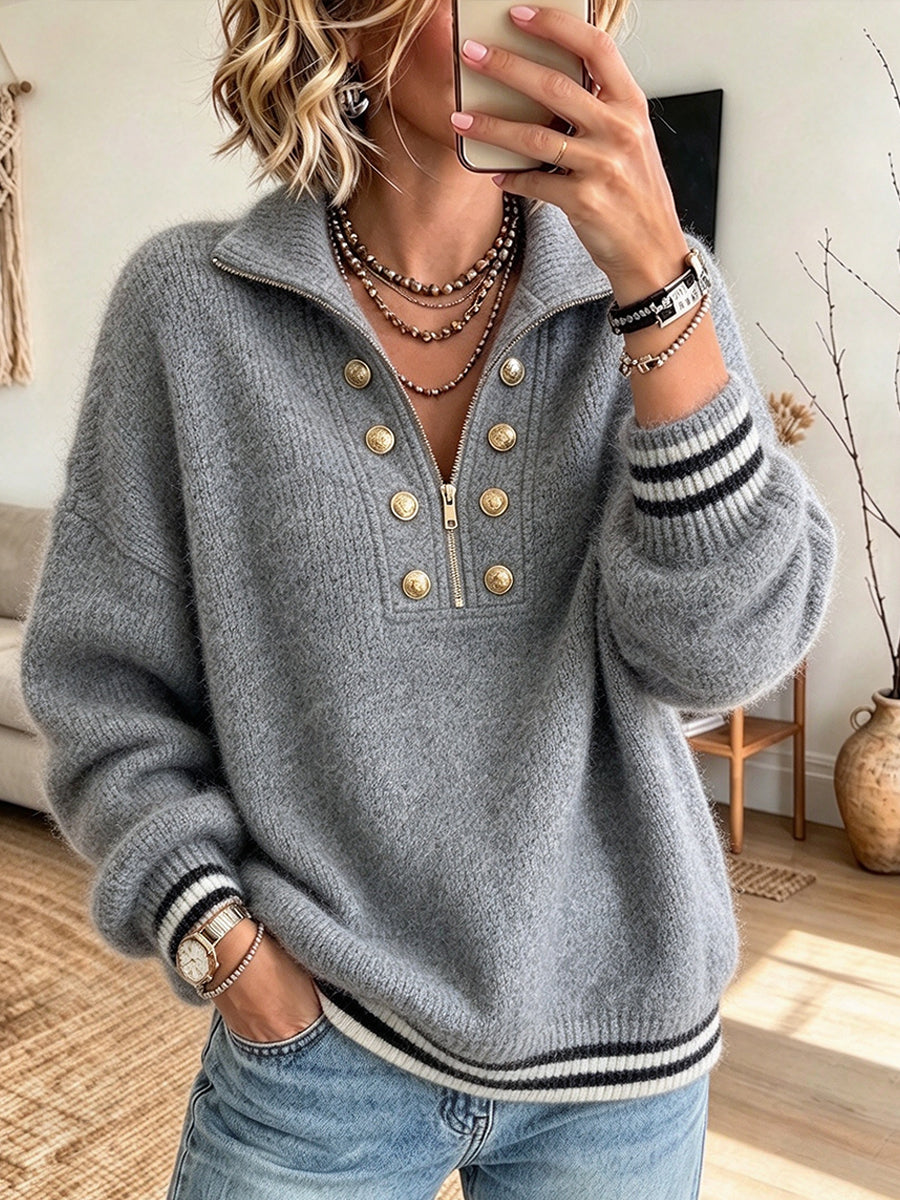 Jersey acogedor e informal en mezcla de lana con media cremallera y puños a rayas
