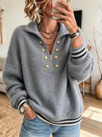 Jersey acogedor e informal en mezcla de lana con media cremallera y puños a rayas