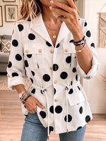 Women's Polka-dot Print Long-sleeve Casual Loose Drawstring Cardigan With Collar