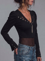 Women's Solid Color V-neck Long-sleeve Casual Loose-fit Top With Cut-out Mesh Paneling