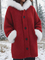 Cozy Red Chunky Knit Faux Fur Trimmed Cardigan
