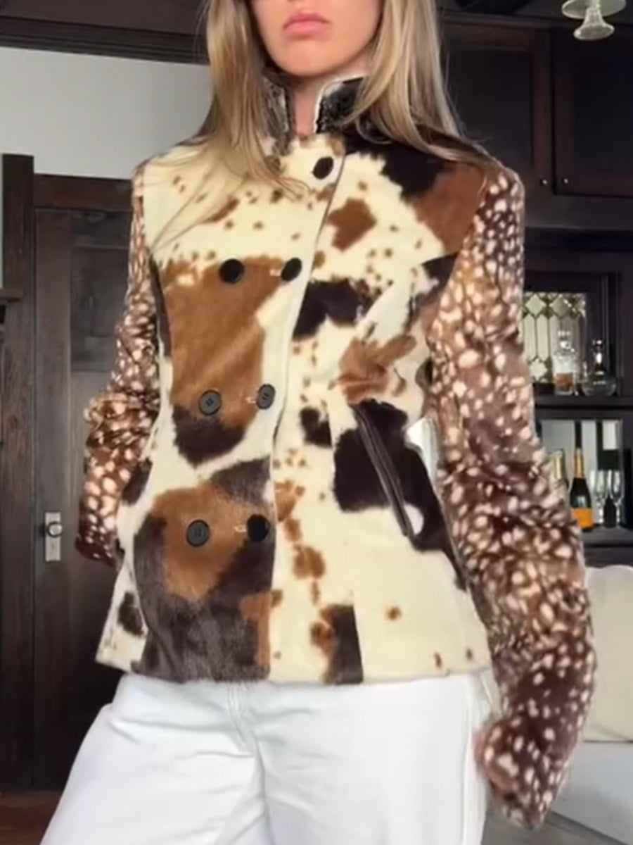 Chaqueta elegante de patchwork de piel sintética con estampados de vaca y ciervo