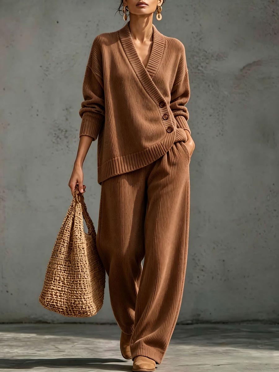 Virina Ribbed Trikita Dupeca Salono Aro Kun Malsimetriaj Butonoj