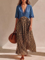Women's V-neck Short-sleeved Casual Loose Denim Patchwork Chiffon Leopard Print Dress