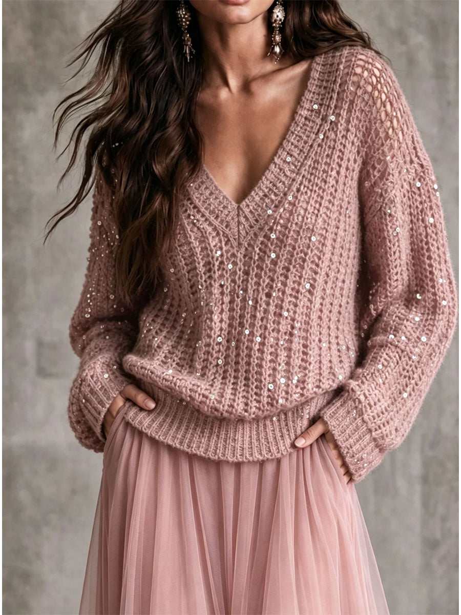 Chic Burgundy Sequin Open-Knit V-Neck Sweater