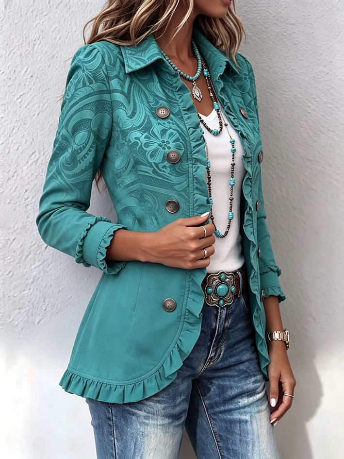 Elegant Teal Floral Print Denim Ruffle Blazer