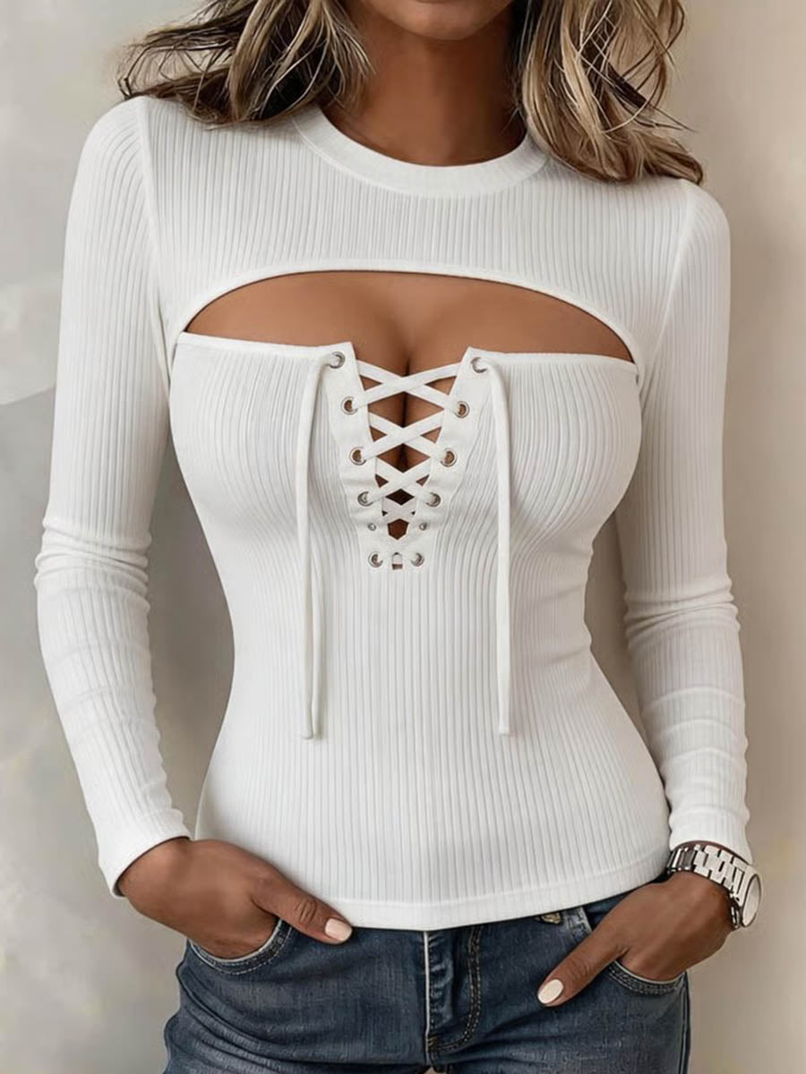 Top de punto informal de manga larga con cuello redondo y color liso para mujer con aberturas anchas y detalle de cordones