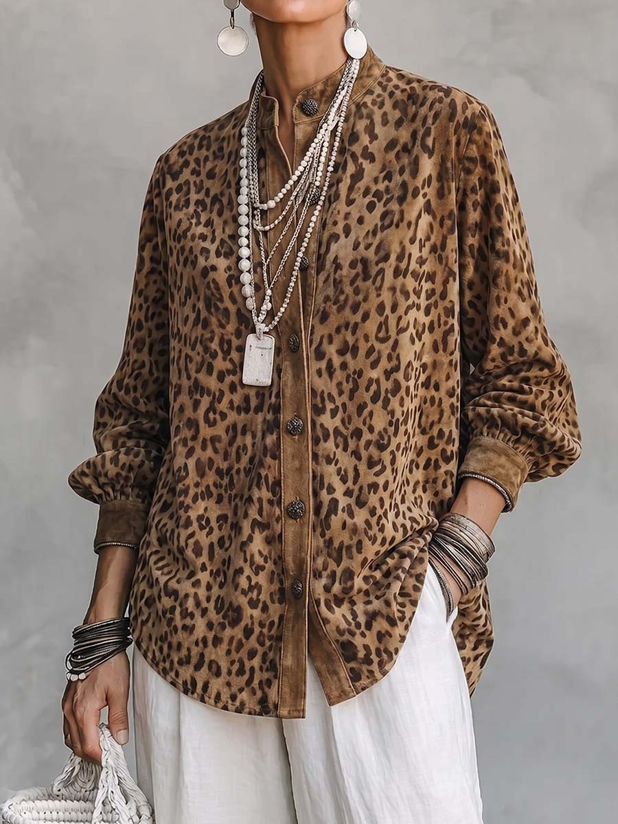 Women's Leopard Print Faux Suede Stand Collar Long Sleeve Casual Loose Cardigan