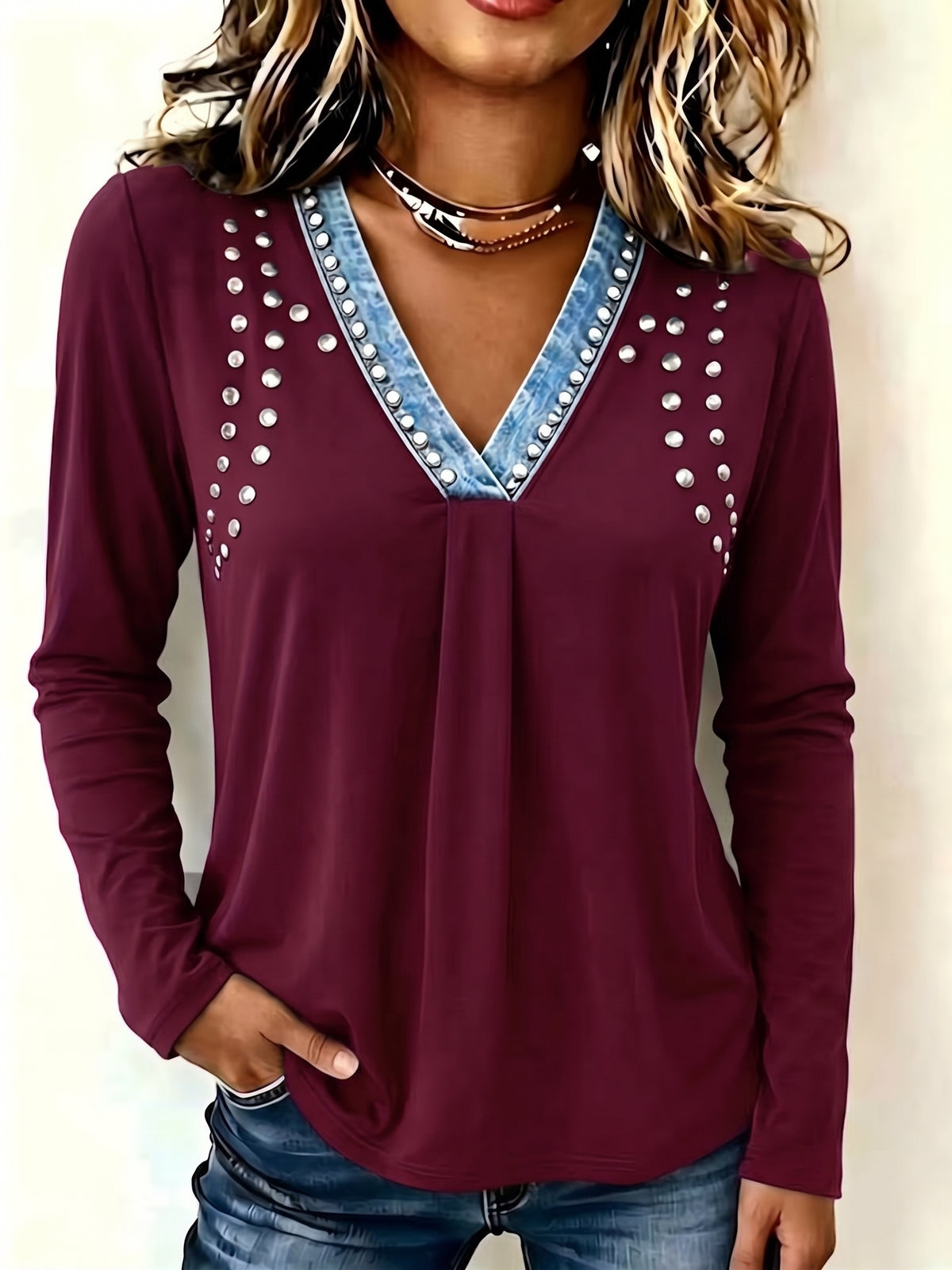 Chic Denim-Trimmed Studded V-Neck Top