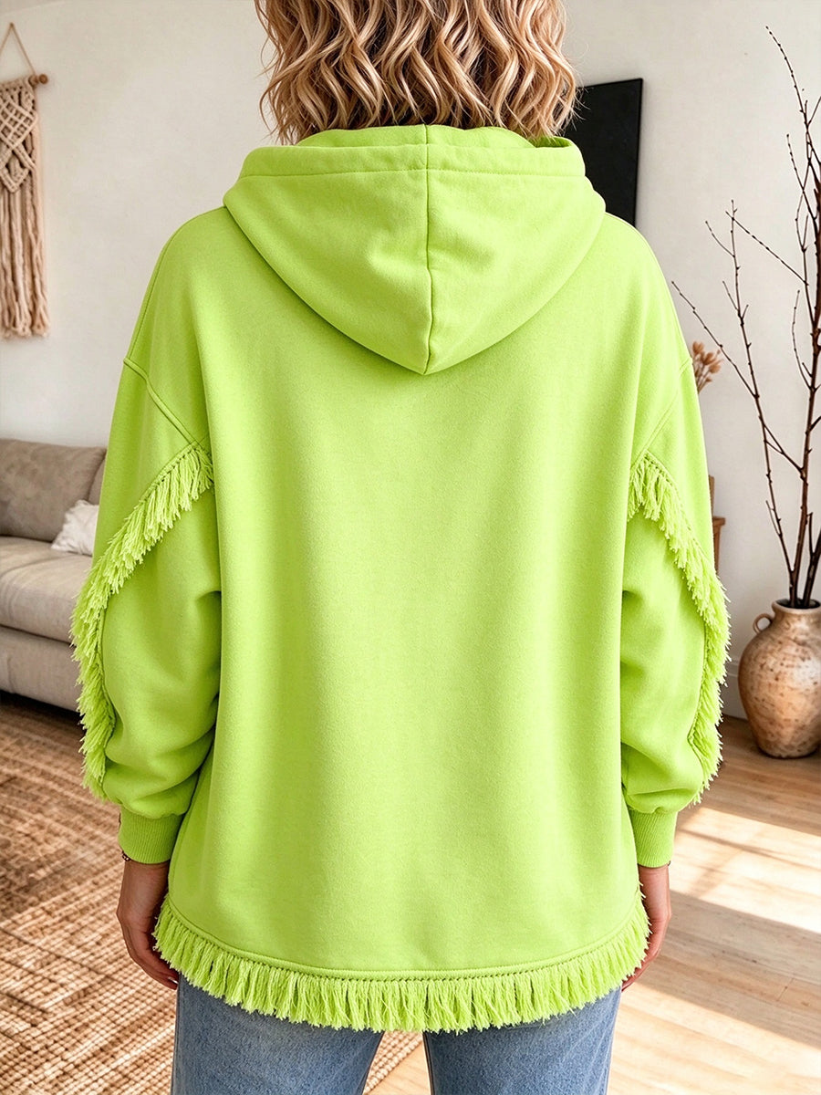 Oversized, lässiger, neongrüner Kapuzenpullover mit Fransen