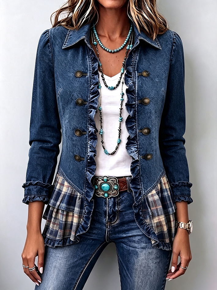 Chic Denim Ruffle Plaid Jacket