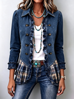 Chic Denim Ruffle Plaid Jacket