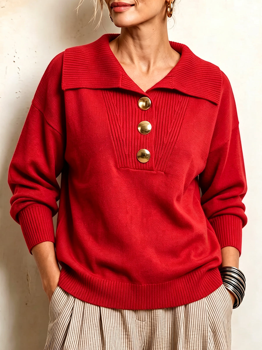 Cozy Gold-Button Collar Knit Pullover