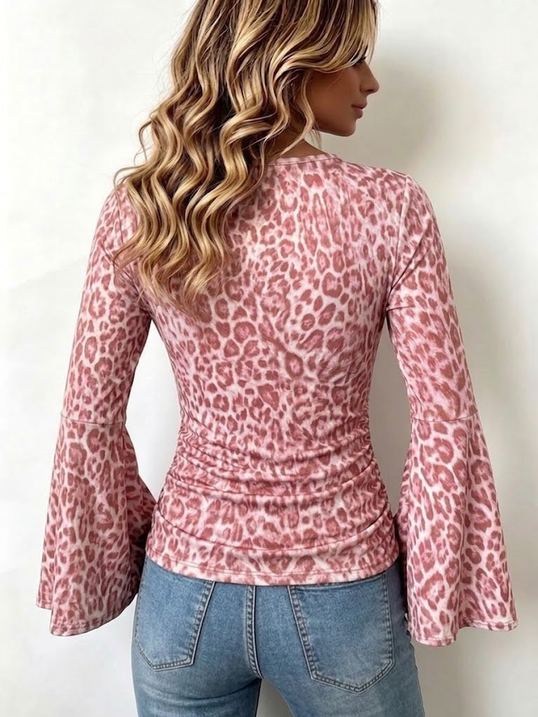 Boho-style Vintage Leopard Print Stretchy Casual Shirt With Bell Sleeves